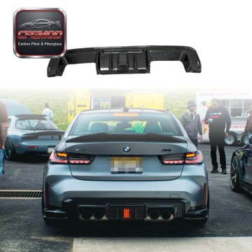 R44 Style Dry Carbon Fiber Rear Bumper Lip Diffuser with LED Light for BMW M3 M4 G8X Tuning Parts