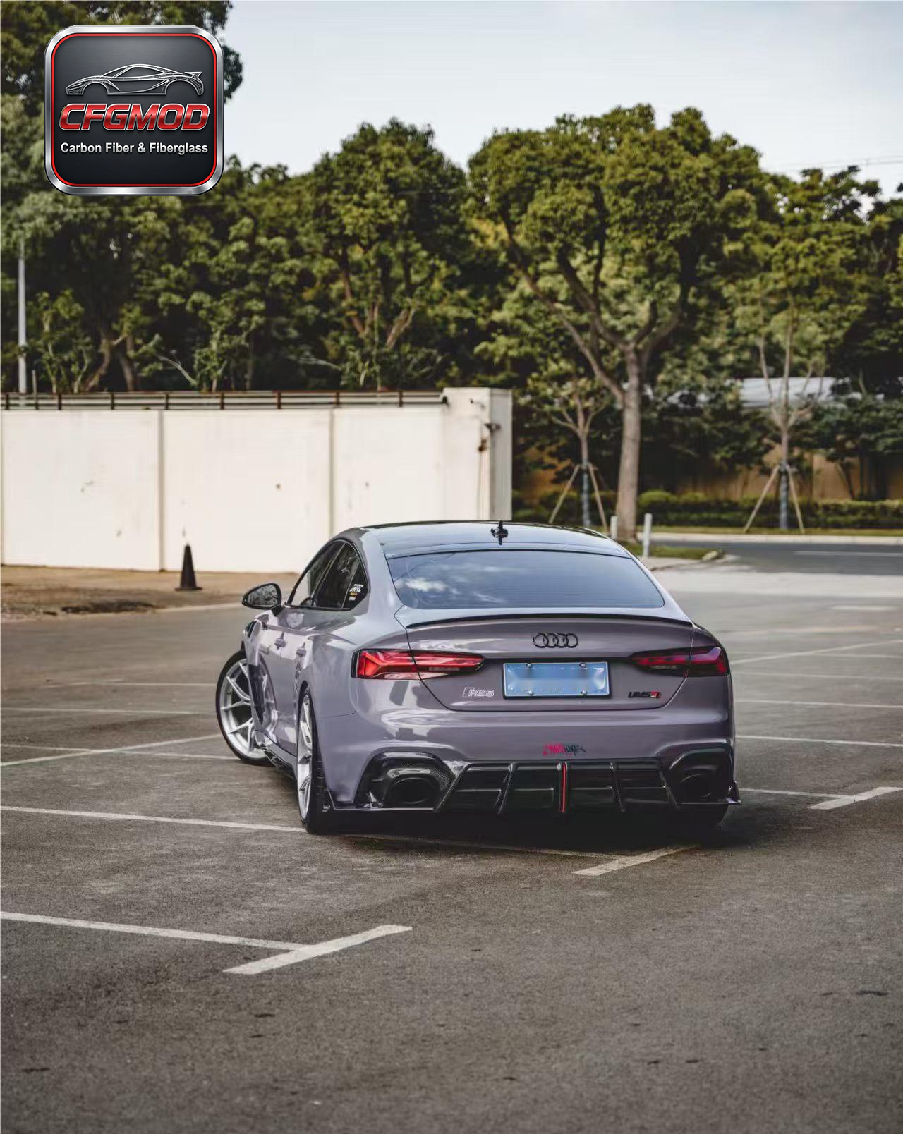 For Audi RS5 B9.5 2020+ A1 Style Carbon Fiber Rear Diffuser Lip with LED Side Splitters — 1