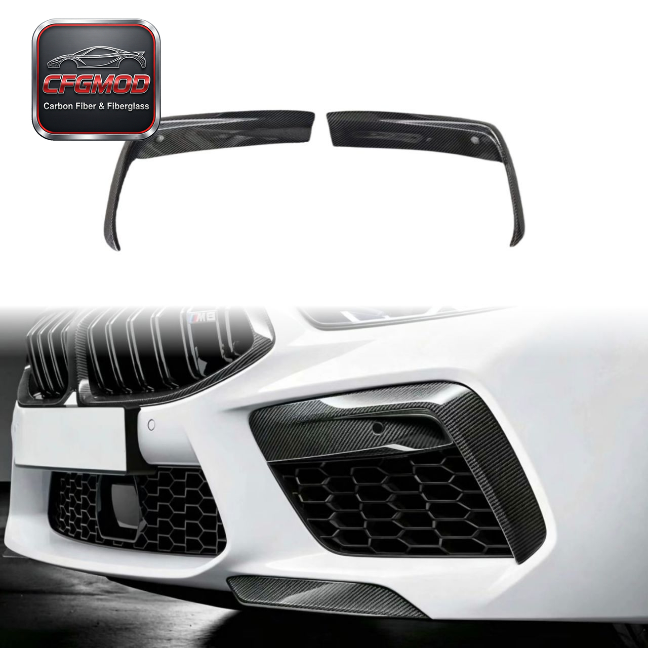 For BMW M8 F91 F92 F93 Dry Carbon Fiber Front Bumper Canards Fog Light Fins — 1