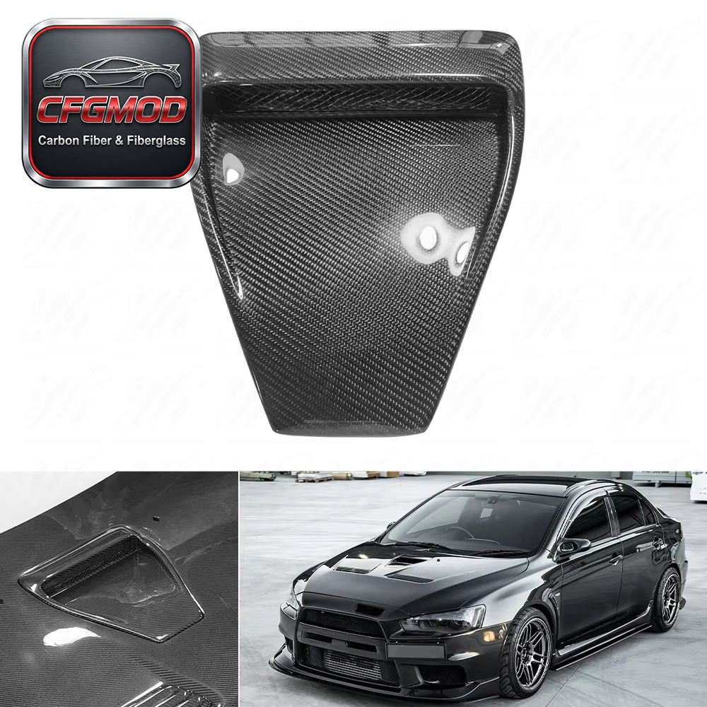 New Carbon Fiber Evolution X EVO 10 Hood Scoop with High Gloss Finish and 3K Twill Weave — 3