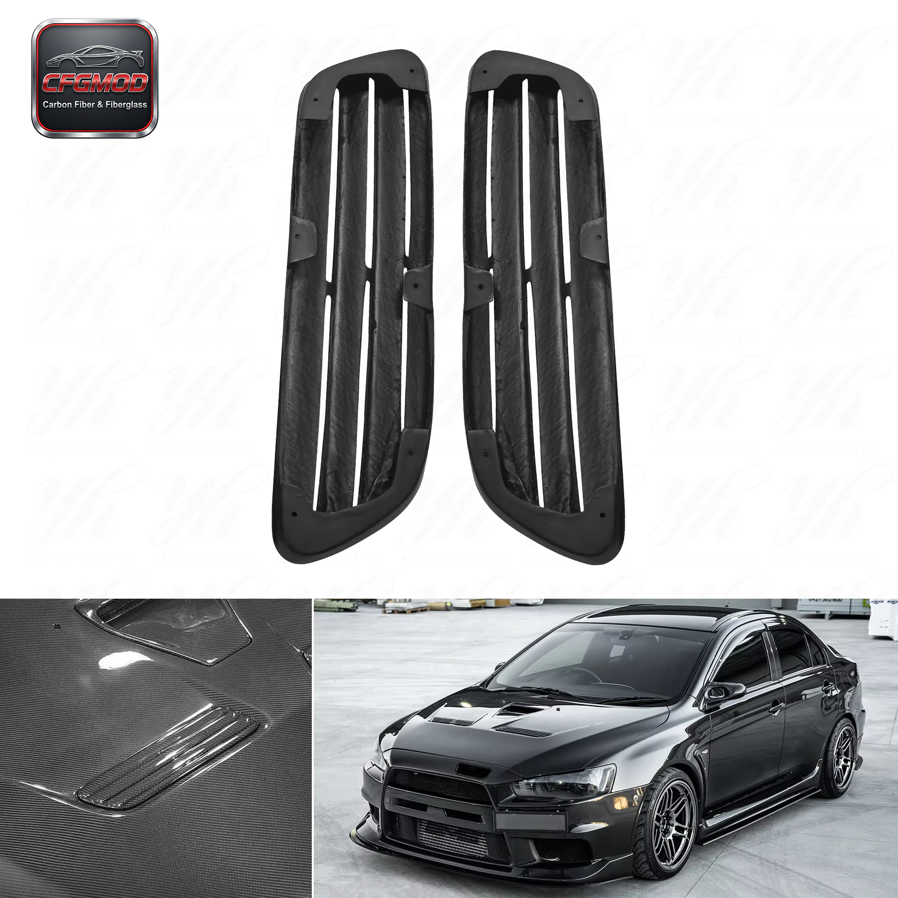 CF Carbon Fiber Bodykit for 2008-2012 Lancer Evolution EVO 10 X OEM Bonnet Hood Vents Black — 3