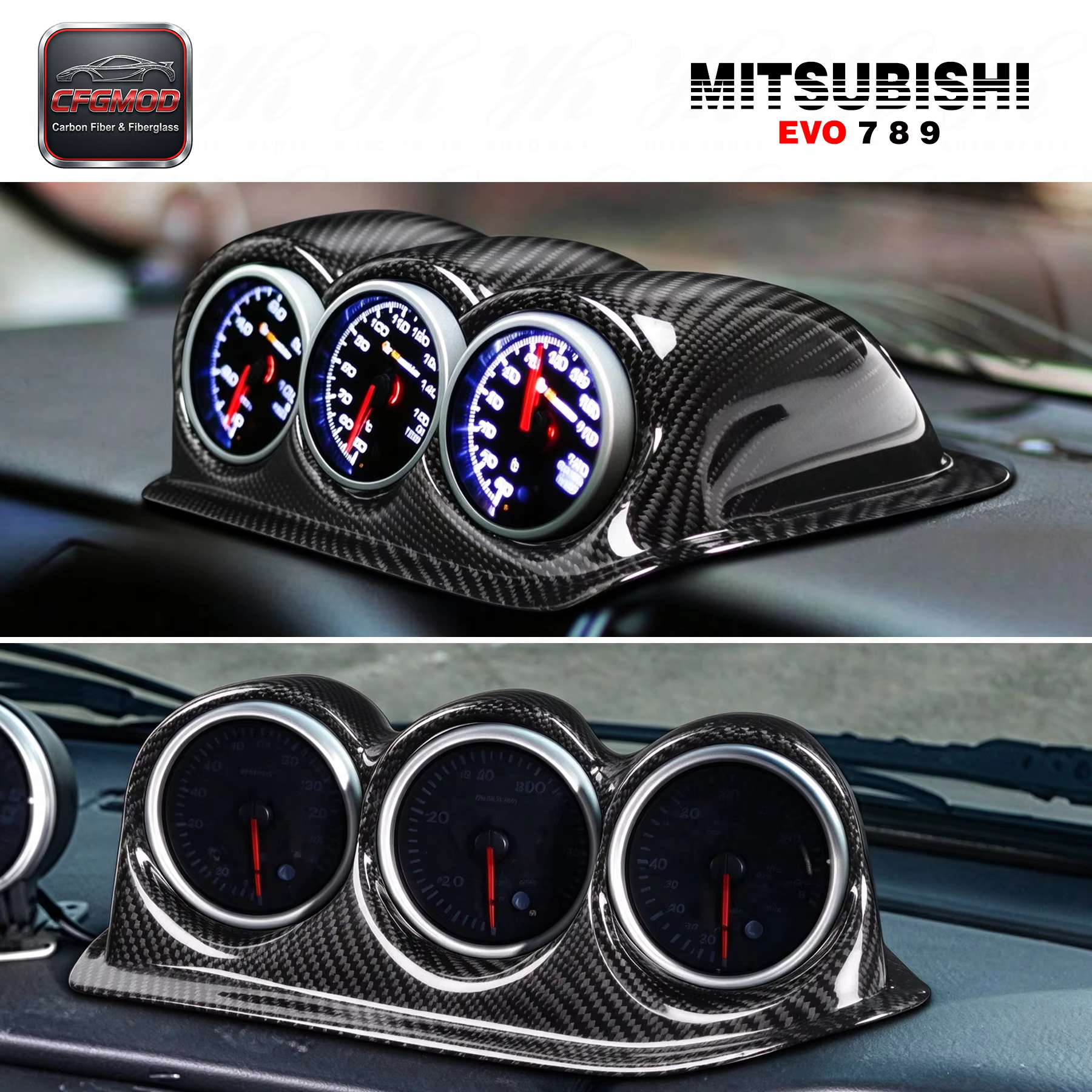 Carbon Fiber CF Body Kit for 2003-2007 Evolution EVO 7 8 9 LHD DASH TRIPLE GAUGE POD RHS (52 MM 60 MM) CT9A — 1