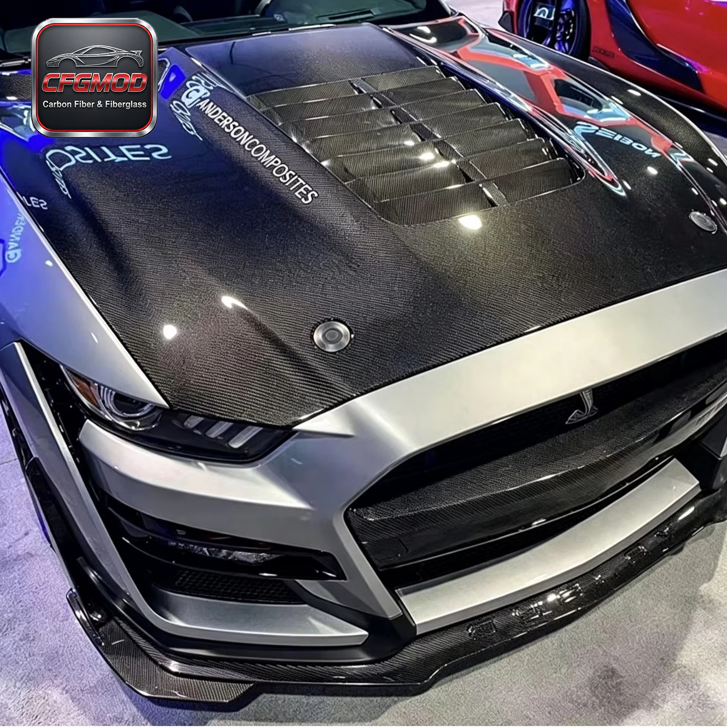 GT500 Style Semi-Carbon Fiber Front Bumper Assembly Kit for 2015-2022 Ford Mustang Tuning Parts — 1