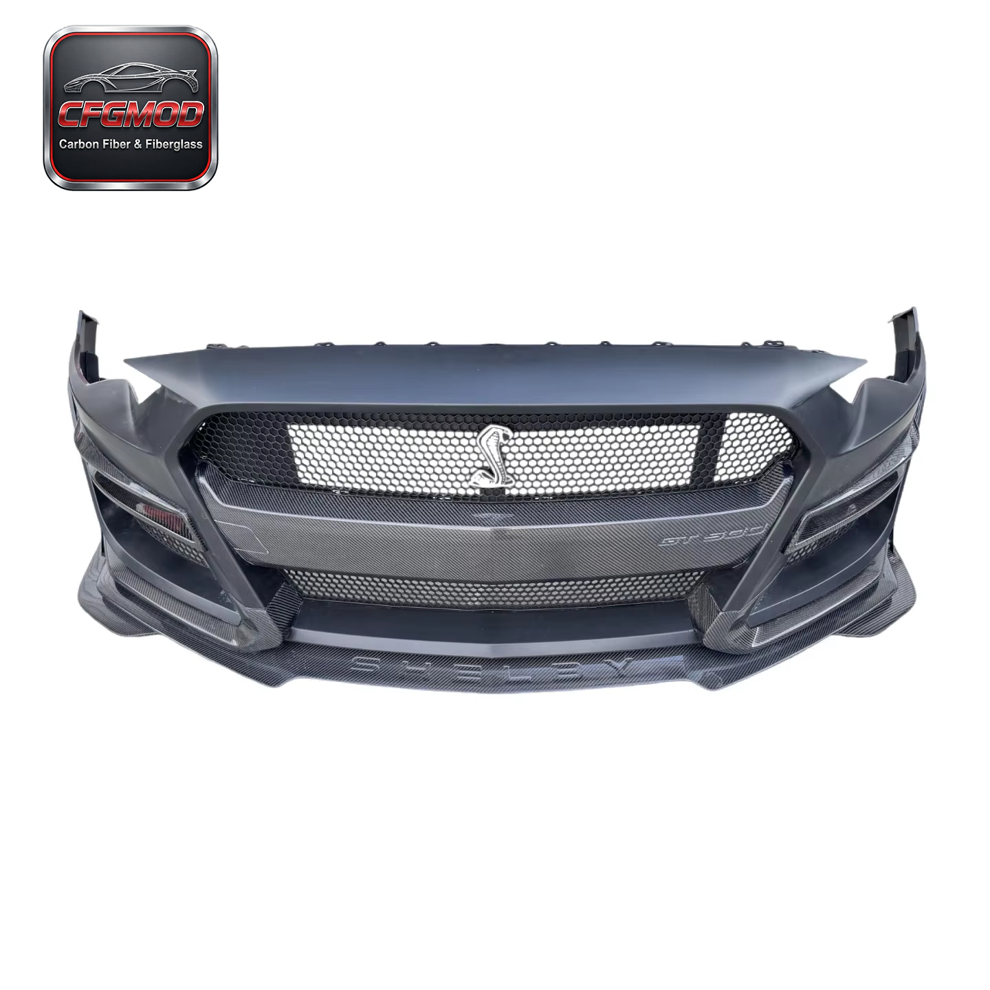 GT500 Style Semi-Carbon Fiber Front Bumper Assembly Kit for 2015-2022 Ford Mustang Tuning Parts — 3
