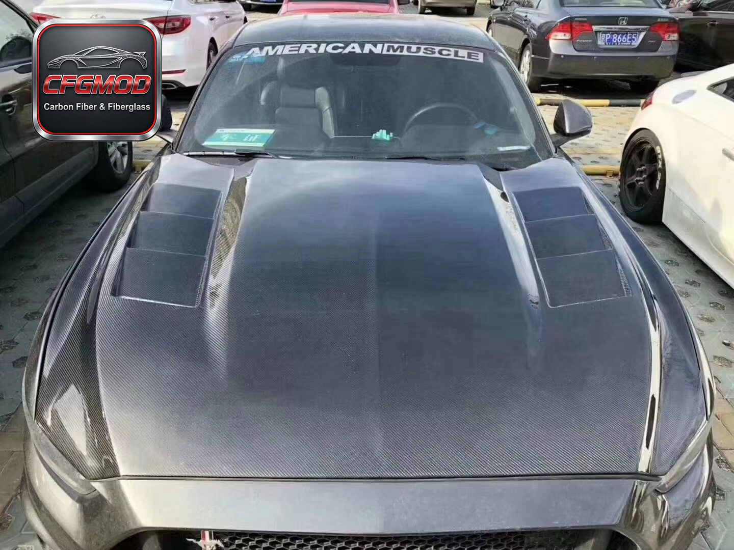 Dual-Vent Carbon Fiber Front Engine Hood Bonnet for 2015-2017 Ford Mustang Tuning Parts — 2