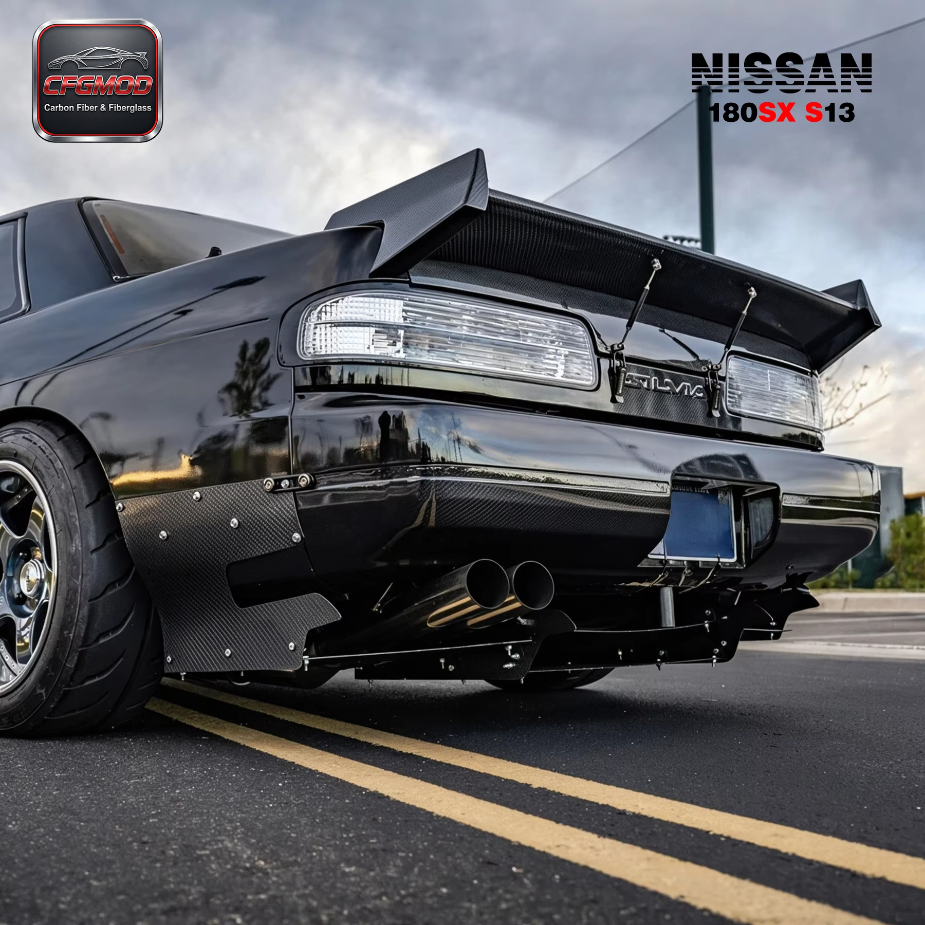 FRP Glass Fiber Full Set Black High Gloss Bodykit 1989-1994 Nissan 180SX RPS13 Rocket Bunny RB V2 Rear Bumper + Side Canards + — 9