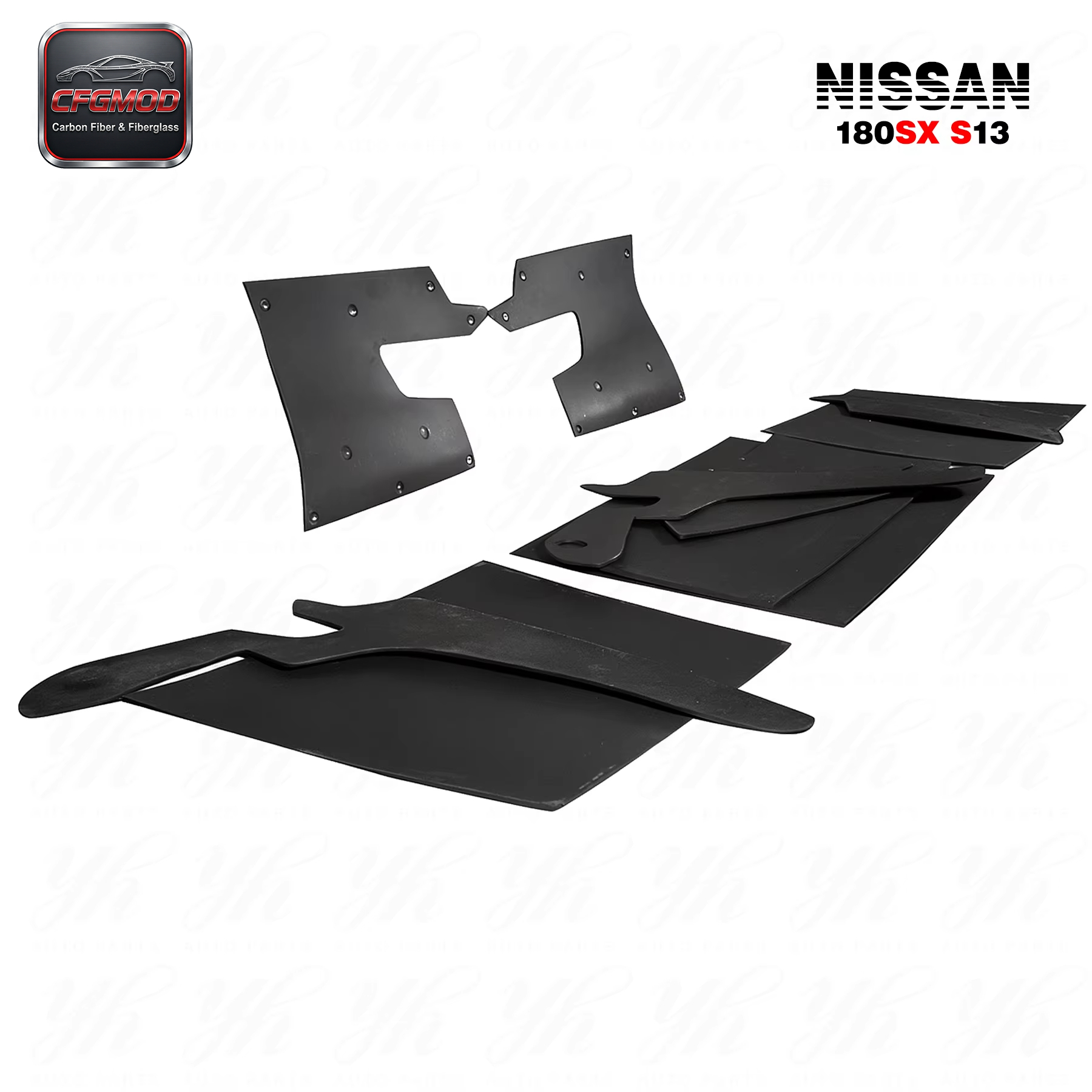 FRP Glass Fiber Full Set Black High Gloss Bodykit 1989-1994 Nissan 180SX RPS13 Rocket Bunny RB V2 Rear Bumper + Side Canards + — 4