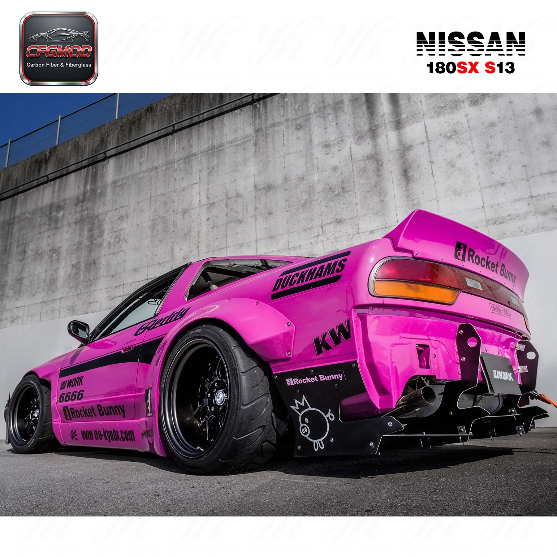 FRP Glass Fiber Full Set Black High Gloss Bodykit 1989-1994 Nissan 180SX RPS13 Rocket Bunny RB V2 Rear Bumper + Side Canards + — 10