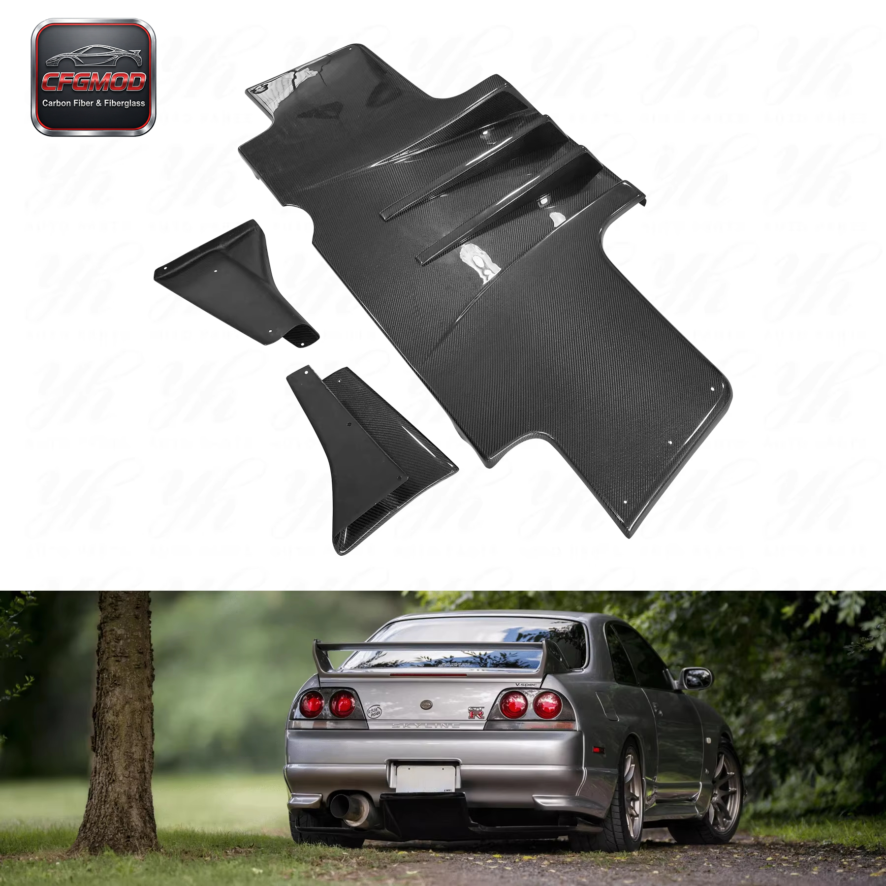 Auto Bodykit FRP Glass Fiber Rear Diffuser Full Set 5pcs Metal Fitting Kit Accessories 1995-1998 Skyline R33 GTR Black High — 2