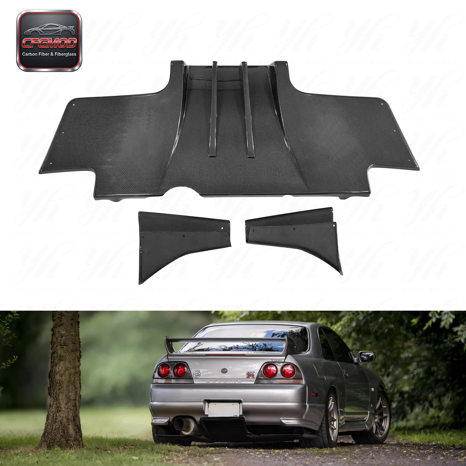 Auto Bodykit FRP Glass Fiber Rear Diffuser Full Set 5pcs Metal Fitting Kit Accessories 1995-1998 Skyline R33 GTR Black High — 3