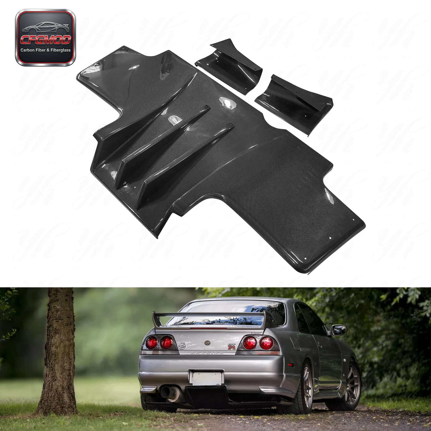 Auto Bodykit FRP Glass Fiber Rear Diffuser Full Set 5pcs Metal Fitting Kit Accessories 1995-1998 Skyline R33 GTR Black High — 4