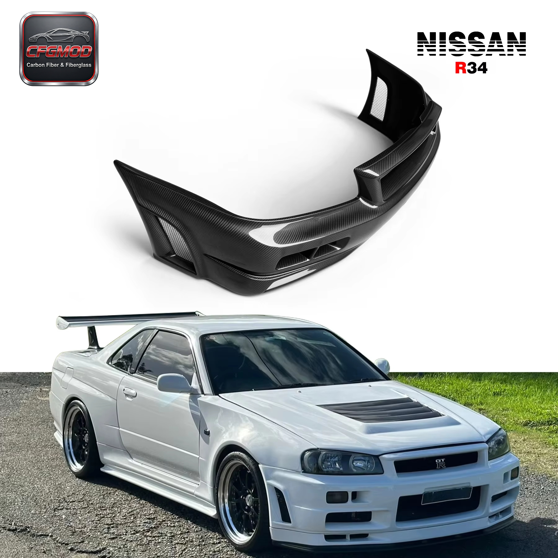 For CF 1999-2002 Skyline R34 GTR NI Style Front Bumper Carbon Fiber — 3