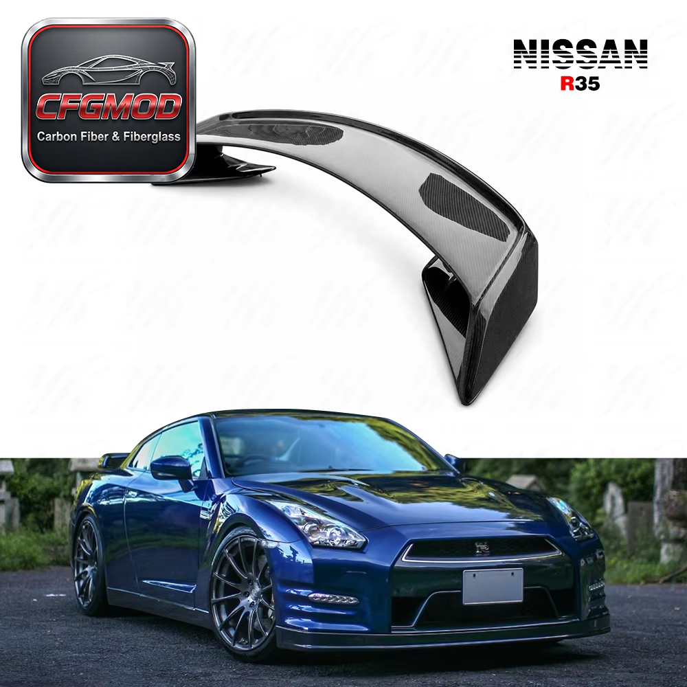 CFGMOD Brand High Quality New Black Skyline R35 GTR OEM Rear Spoiler Trunk Wing with Brake Light Lamp Position Carbon Fiber — 4