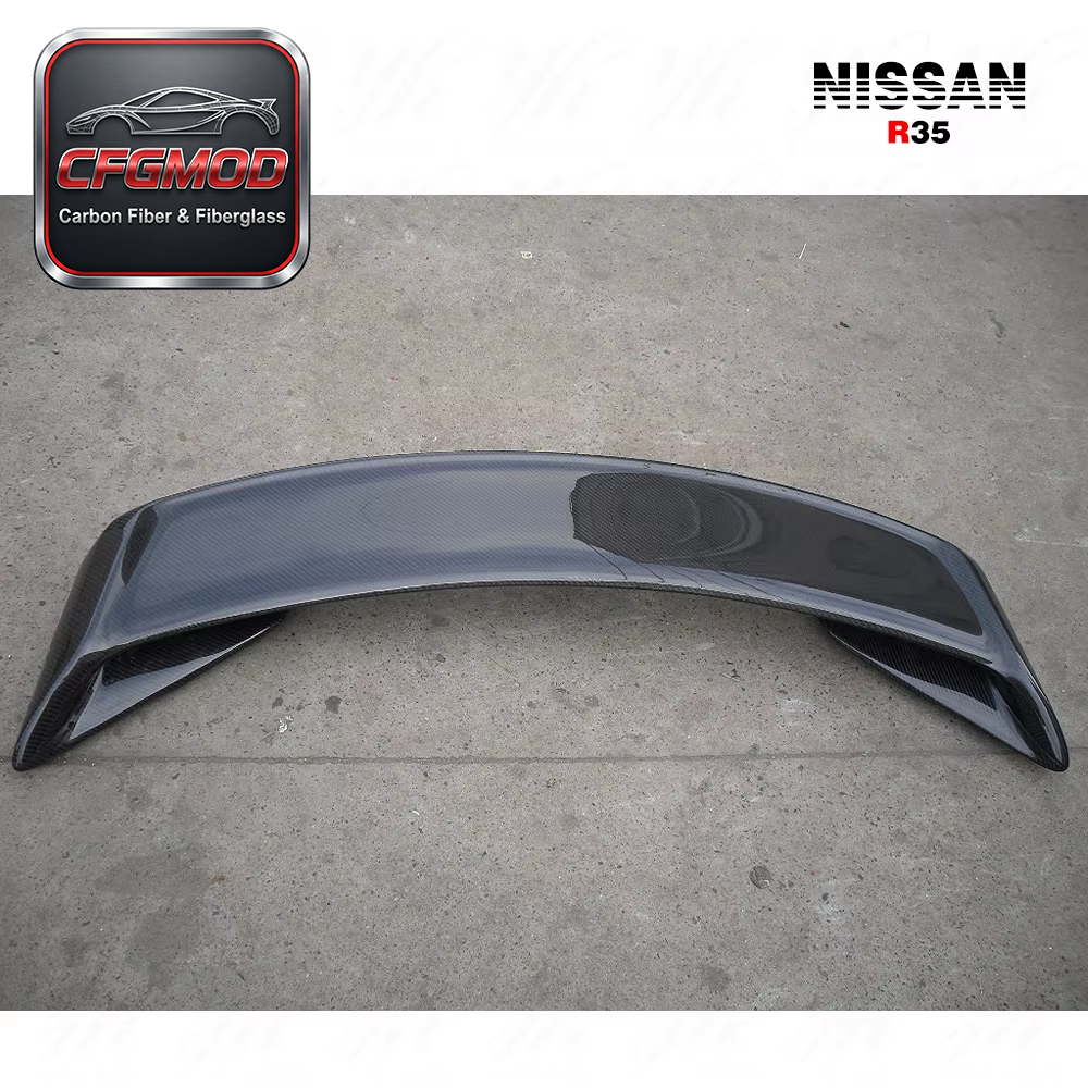 CFGMOD Brand High Quality New Black Skyline R35 GTR OEM Rear Spoiler Trunk Wing with Brake Light Lamp Position Carbon Fiber — 5