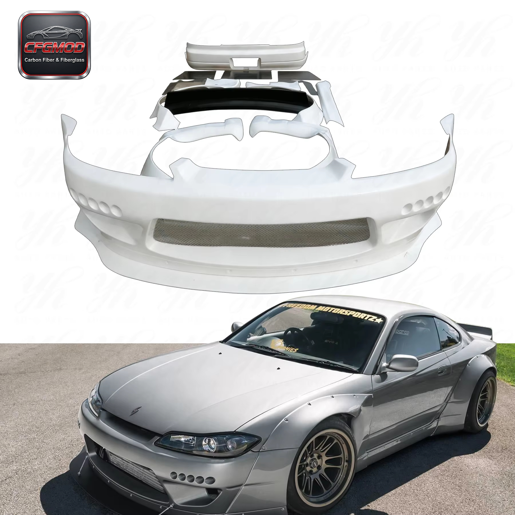 Rocket Bunny Style Unpainted FRP Widebody Kit Front Bumper Fender Flares Diffuser Spoiler for Nissan Silvia S15 Coupe — 2