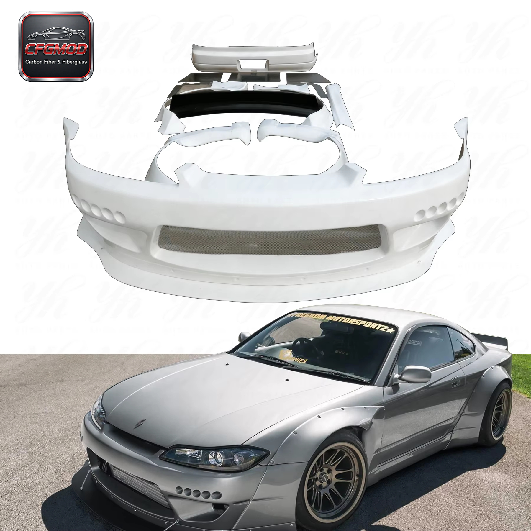 CFGMOD FRP S15 Rocket Bunny Body Kits White Glass Fiber for 1993-1994 (Rear/Front Fenders Rear Front Bumpers Rear Diffusers Rear — 2