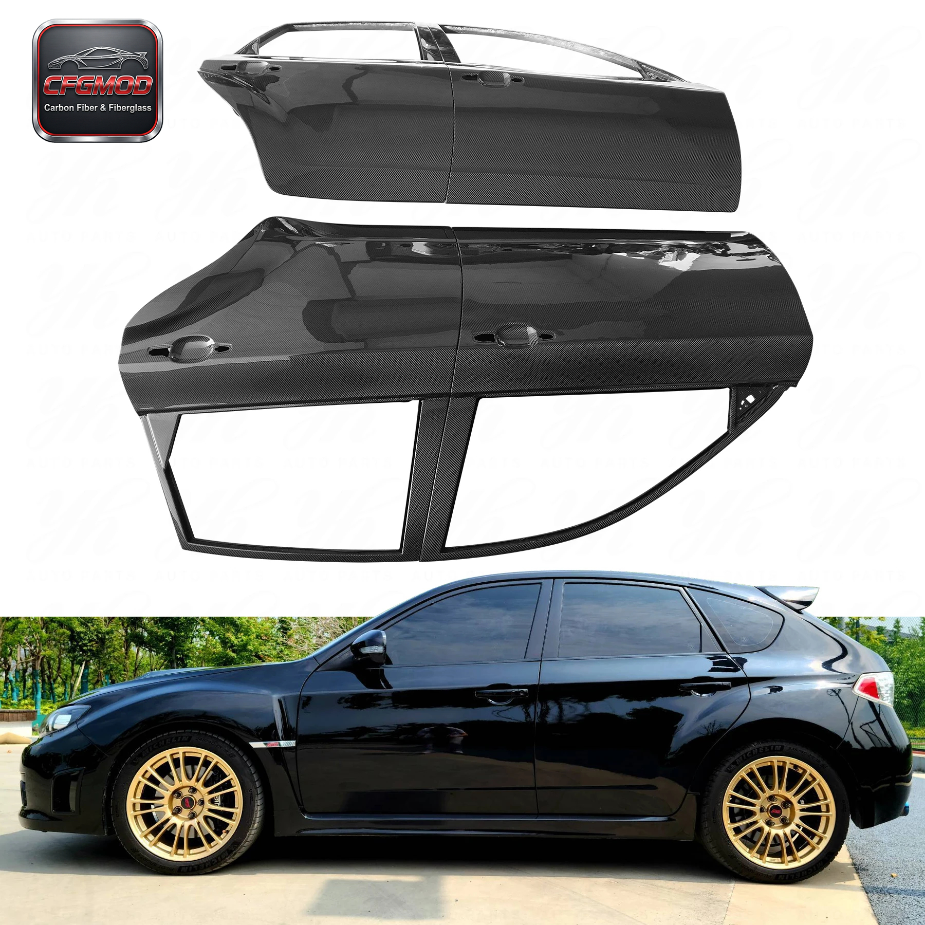 New Carbon Fiber GRB STI Front and Back Door High Gloss Finish Black — 2
