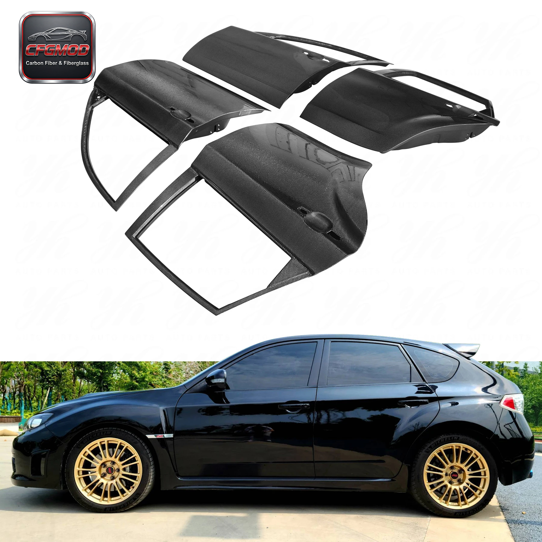 New Carbon Fiber GRB STI Front and Back Door High Gloss Finish Black — 3